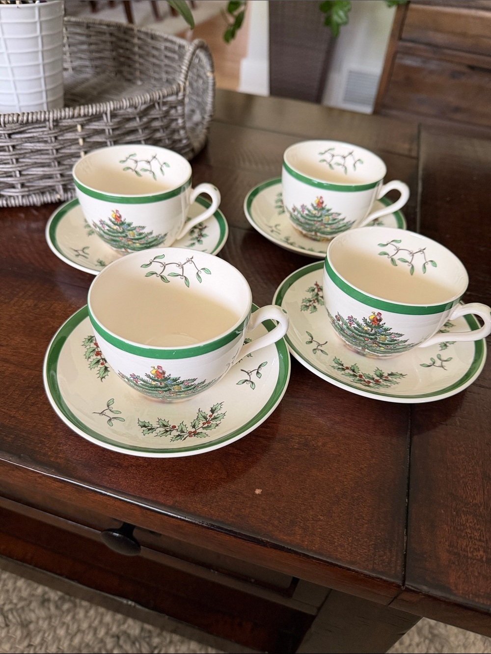 Spode Holiday Teacup and Saucer Set in Green and Cream with Tree Motif